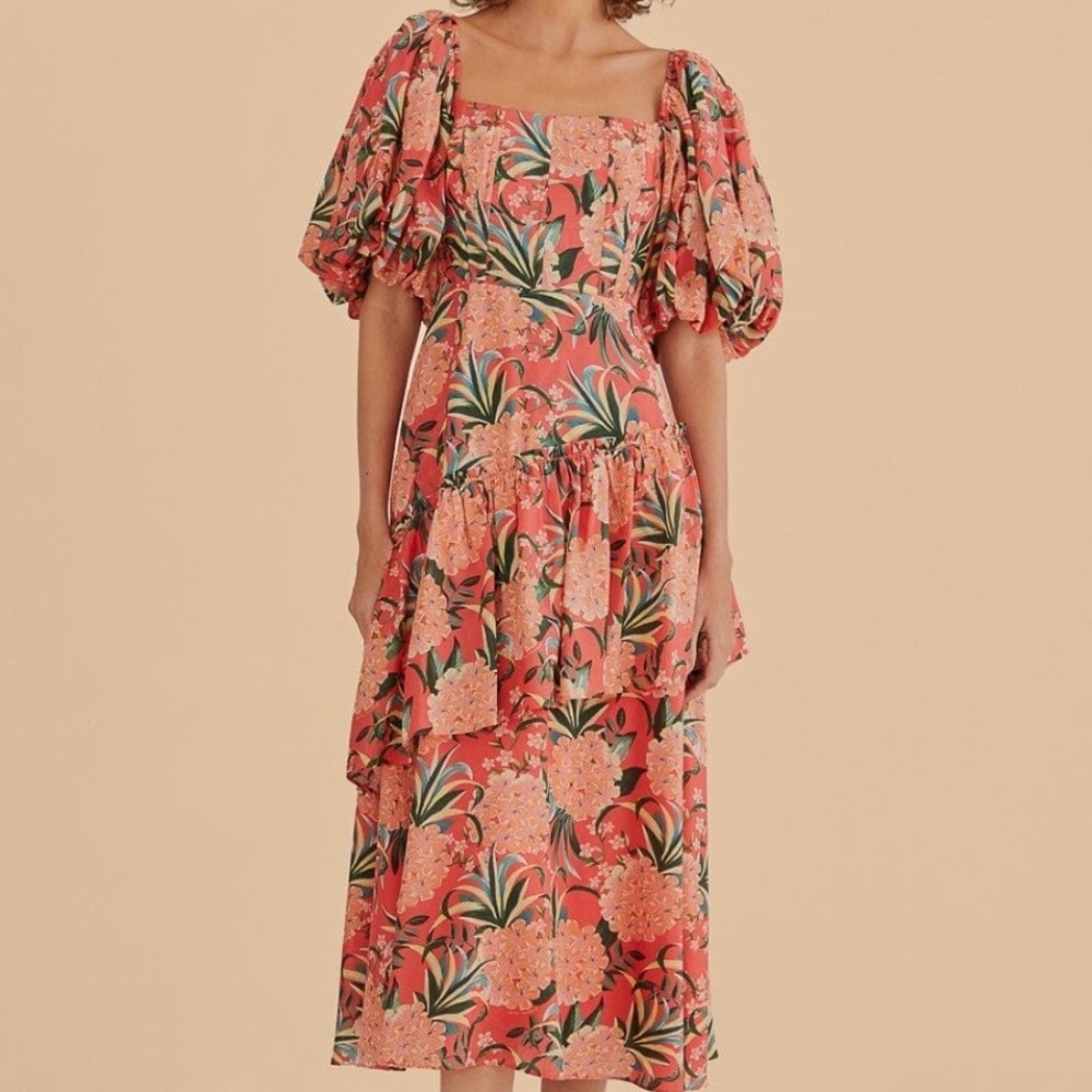 Farm Rio Red Pineapple Bloom Cut Out Midi Dress